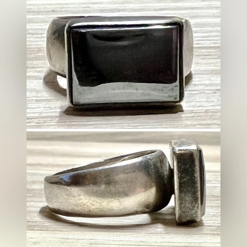 Vintage Handmade Designer Signed Heavy 950 Silver Hematite Band Ring, Size 7